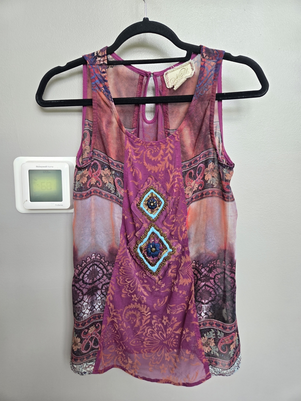 Nick & Mo Boho Beaded Mesh Tank Top Size S Sheer Floral Geometric Paisley